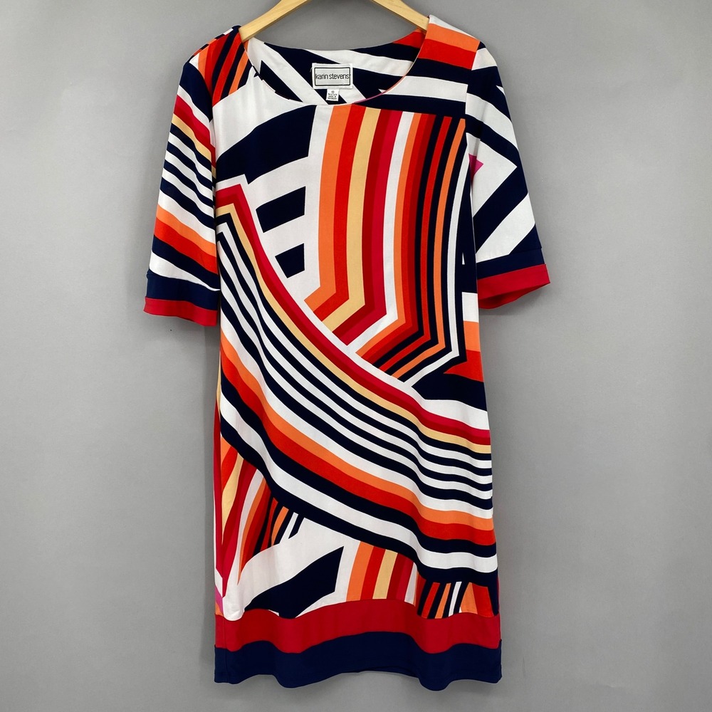 Karin Stevens Geometric Abstract Print Sheath Dress Womens Sz 10‎ Red Navy y2k